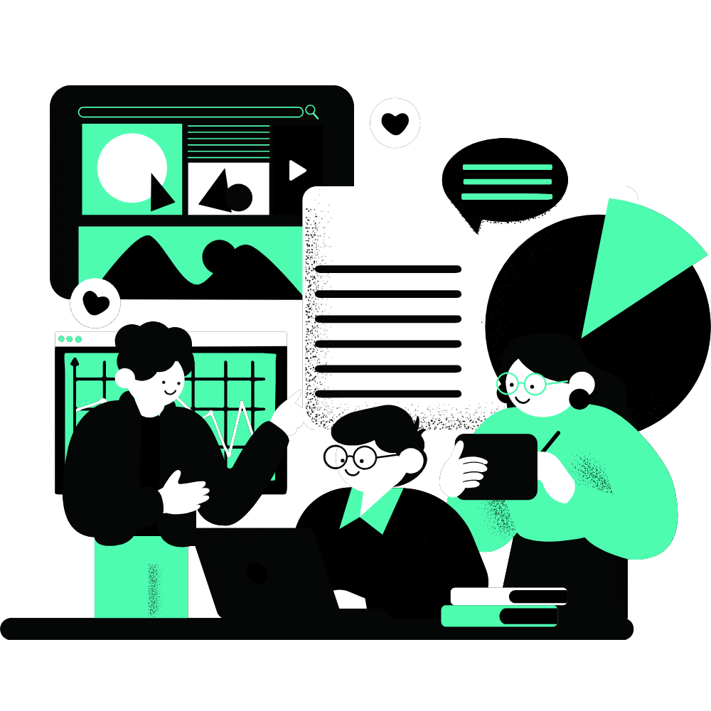 Editorial illustration representing full-stack digital strategy and collaboration